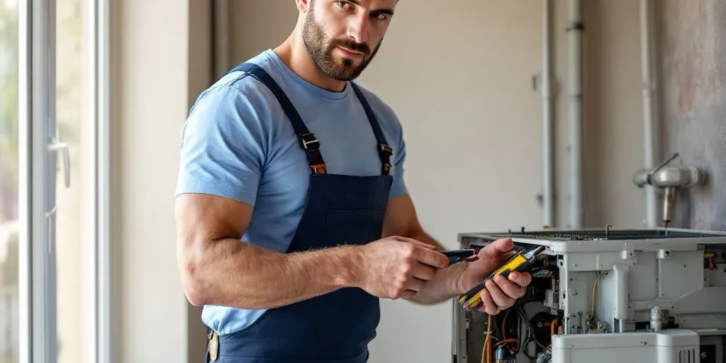 Técnicos revisando un electrodoméstico en una vivienda