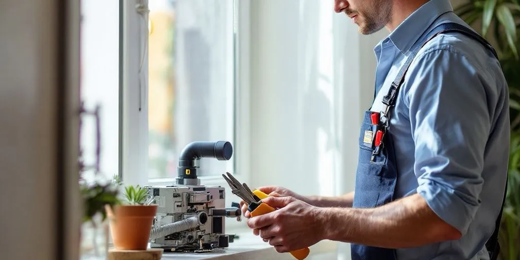 Técnico revisando un electrodoméstico en casa