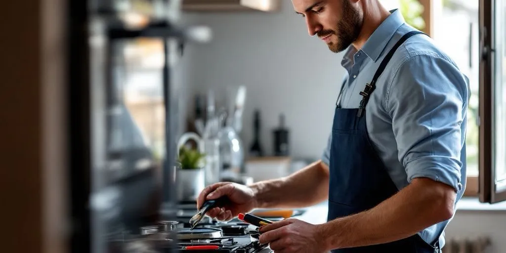 Técnico revisando equipos de una cocina profesional